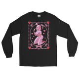 Black long sleeve cotton shirt featuring pink 3d bunny named Rhonda Rabbit, surrounded by hearts, Barbwire and scorpions. Lovecore pink and red aesthetic 