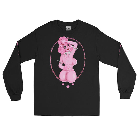 Black cotton long sleeve shirt featuring a sexy pink poodle woman looking back. She has corset piercing on her back. It is in a pink oval Barbwire frame. Pink Barbwire on both sleeve 