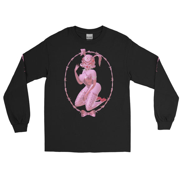 Lovecore pink and red aesthetic Black long sleeve cotton shirt featuring pink 3d bunny named Rhonda Rabbit framed with pink Barbwire with a bow at the bottom. Sleeves feature pink Barbwire 