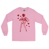 Pink unisex cotton long sleeve shirt featuring a sexy red fly bimbo with a femme body and hairy legs surrounded by red hearts