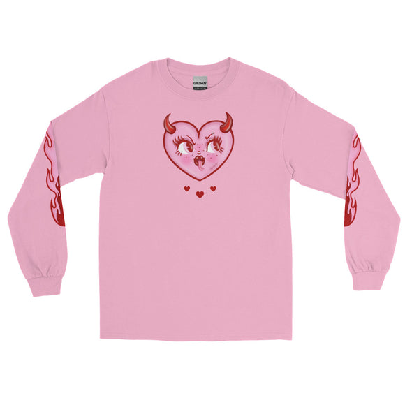 Devilish Heart Unisex Long Sleeve Shirt with Flames on Sleeve