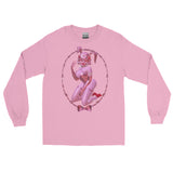 Lovecore pink and red aesthetic pink long sleeve cotton shirt featuring pink 3d bunny named Rhonda Rabbit framed with pink Barbwire with a bow at the bottom. Sleeves feature pink Barbwire 