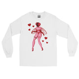 White unisex cotton long sleeve shirt featuring a sexy red fly bimbo with a femme body and hairy legs surrounded by red hearts