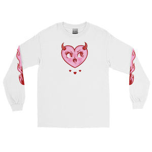 Devilish Heart Unisex Long Sleeve Shirt with Flames on Sleeve