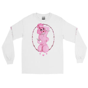 Black cotton long sleeve shirt featuring a sexy pink poodle woman looking back. She has corset piercing on her back. It is in a pink oval Barbwire frame. Pink Barbwire on both sleeve 