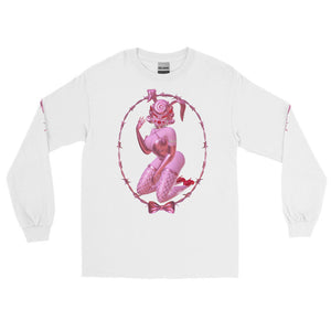 Lovecore pink and red aesthetic Black long sleeve cotton shirt featuring pink 3d bunny named Rhonda Rabbit framed with pink Barbwire with a bow at the bottom. Sleeves feature pink Barbwire 
