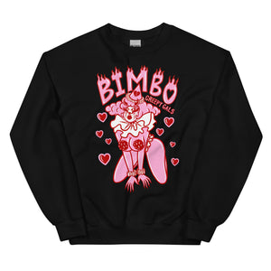 Pink cotton and polyester crew neck sweater featuring a sexy pink and red clown named Bimbo. The word Bimbo in flame font is on top and is surrounded by red hearts