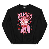 Black cotton and polyester crew neck sweater featuring a sexy pink and red clown named Bimbo. The word Bimbo in flame font is on top and is surrounded by red hearts