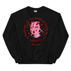 Pink cotton and polyester unisex crew neck sweat shirt featuring a the head of a femme in a pink latex mask with metal spikes on the neck. Framed within red broken hearts and the phrase “I am daddy”
