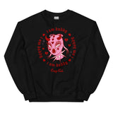 Black cotton and polyester unisex crew neck sweat shirt featuring a the head of a femme in a pink latex mask with metal spikes on the neck. Framed within red broken hearts and the phrase “I am daddy”