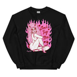 Black cotton and polyester unisex crew neck sweat shirt featuring a sexy 80s lady with horns and big pink hair with the words “Don’t Try Me!” And pink flames in the background 