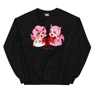 Pink cotton and polyester unisex crew neck sweat shirt featuring kitschy pink and white devil cherub and a red devil holding each side of a red broken heart.