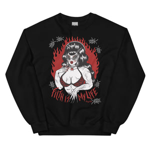 Unisex pink cotton and polyester crew neck sweatshirt featuring a muscle lady with beehive hair and cat eye sunglasses surrounded by black cockroaches with the words “Filth is My Life” under her.  red flames in the background 