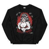 Unisex black cotton and polyester crew neck sweatshirt featuring a muscle lady with beehive hair and cat eye sunglasses surrounded by black cockroaches with the words “Filth is My Life” under her.  red flames in the background 