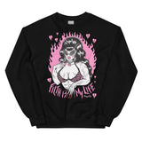Unisex black cotton and polyester crew neck sweatshirt featuring a muscle lady with beehive hair and cat eye sunglasses surrounded by pink broken hearts with the words “Filth is My Life” under her. And pink flames in the background 
