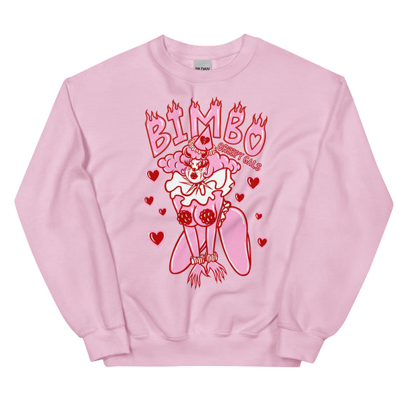Pink cotton and polyester crew neck sweater featuring a sexy pink and red clown named Bimbo. The word Bimbo in flame font is on top and is surrounded by red hearts