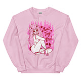Pink cotton and polyester unisex crew neck sweat shirt featuring a sexy 80s lady with horns and big pink hair with the words “Don’t Try Me!” And pink flames in the background 