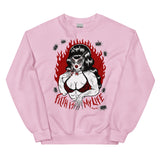 Unisex pink cotton and polyester crew neck sweatshirt featuring a muscle lady with beehive hair and cat eye sunglasses surrounded by black cockroaches with the words “Filth is My Life” under her.  red flames in the background 