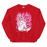 Red cotton and polyester unisex crew neck sweat shirt featuring a sexy 80s lady with devil horns and big pink hair with the words “Don’t Try Me!” And pink flames in the background 