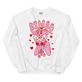 White cotton and polyester crew neck sweater featuring a sexy pink and red clown named Bimbo. The word Bimbo in flame font is on top and is surrounded by red hearts