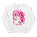 White cotton and polyester unisex crew neck sweat shirt featuring a sexy 80s lady with horns and big pink hair with the words “Don’t Try Me!” And pink flames in the background 