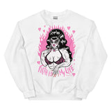 Unisex white cotton and polyester crew neck sweatshirt featuring a muscle lady with beehive hair and cat eye sunglasses surrounded by pink broken hearts with the words “Filth is My Life” under her. And pink flames in the background 